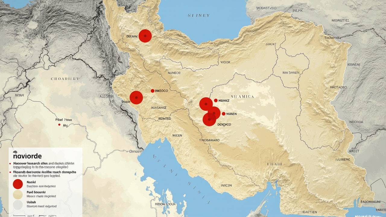 Map of Iran showing the three main nuclear facilities at Natanz, Fordow, and Isfahan marked with red circles, overlaid with the text of dismantlement demands