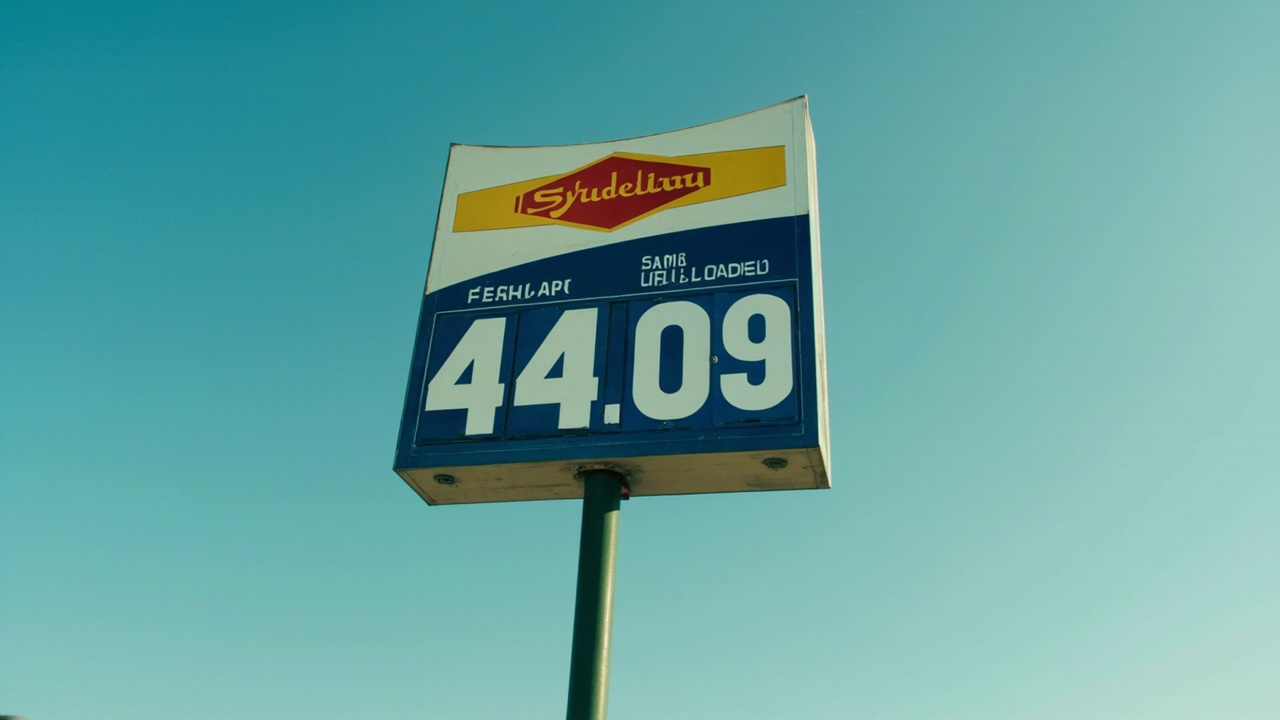 A gas station price sign showing regular unleaded at $4.09 per gallon against a blue sky