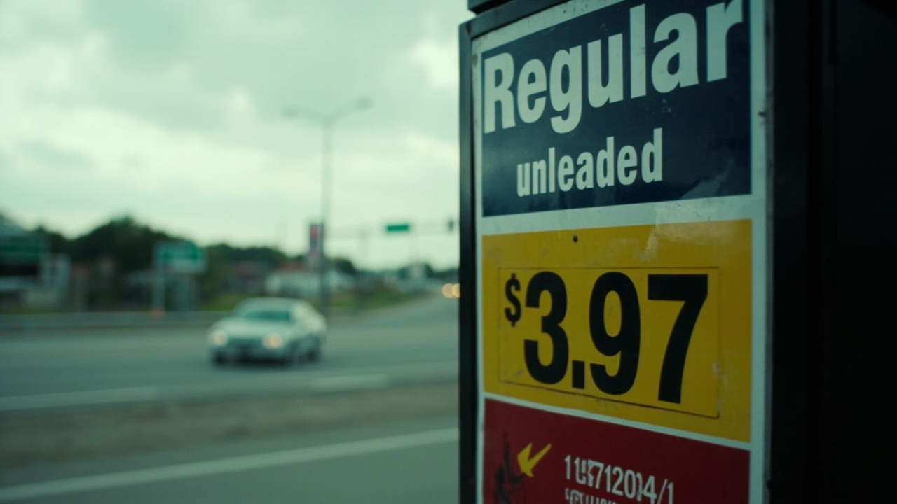 Close-up of a gas station price sign showing regular unleaded at $3.97 per gallon with a blurred American highway and overcast sky in the background