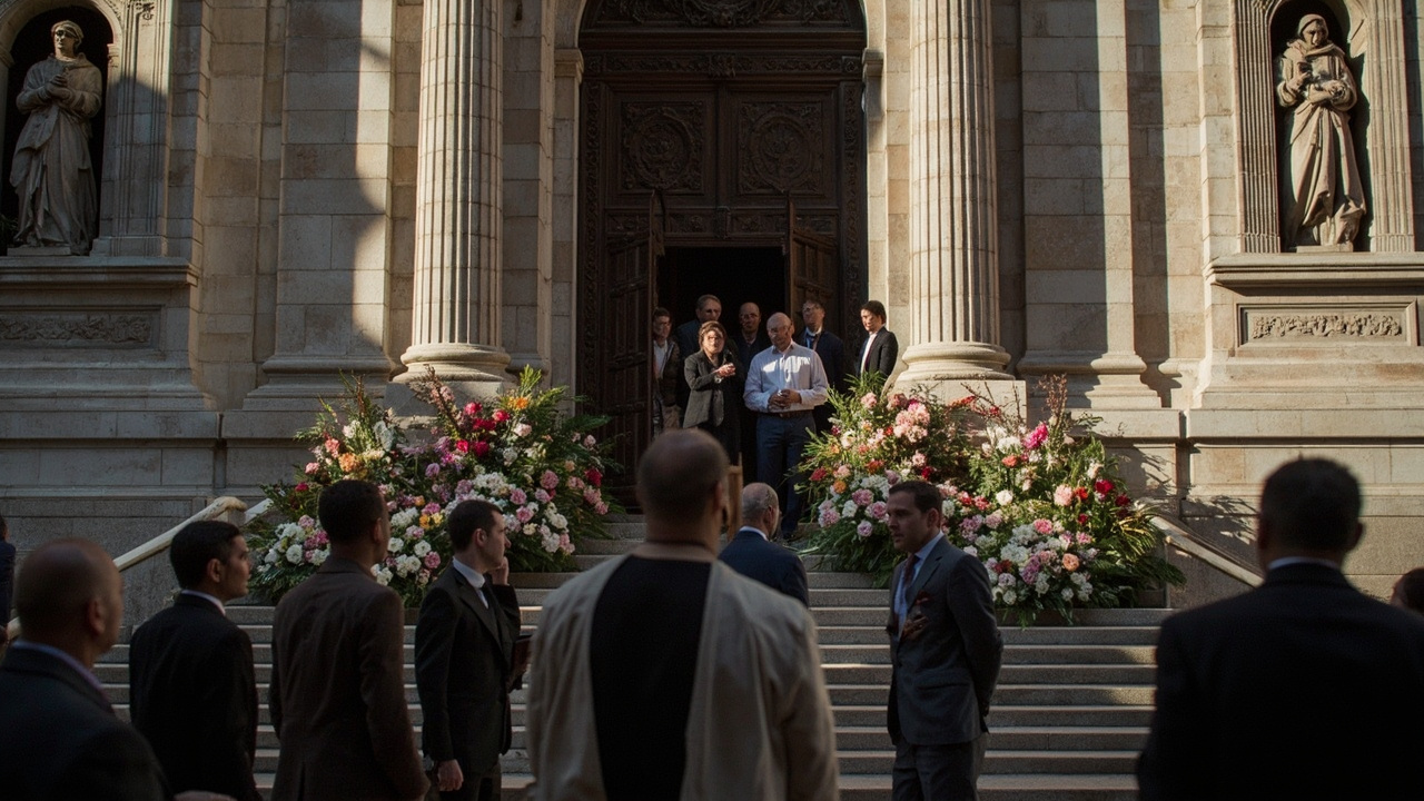 Mourners gathered outside a historic Genoese church with floral arrangements lining the entrance steps