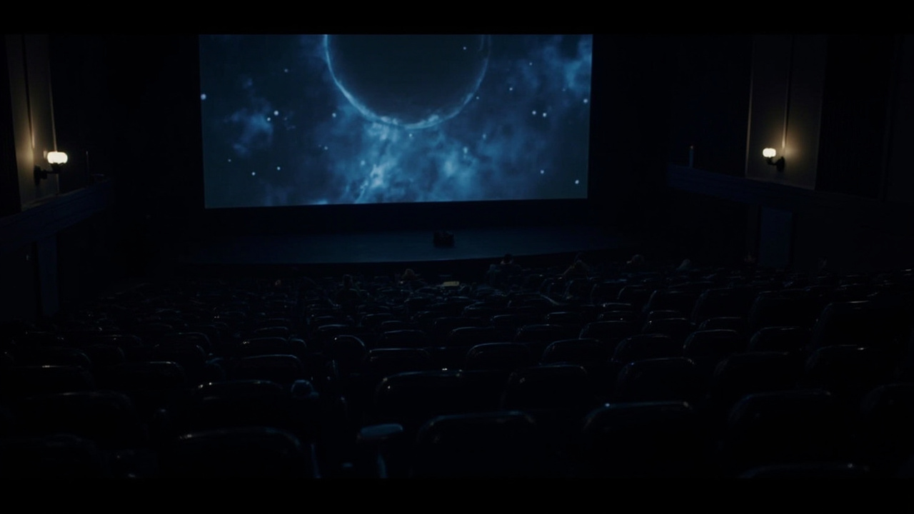 A near-empty Tuesday afternoon movie theater with the glow of a space scene illuminating the front rows