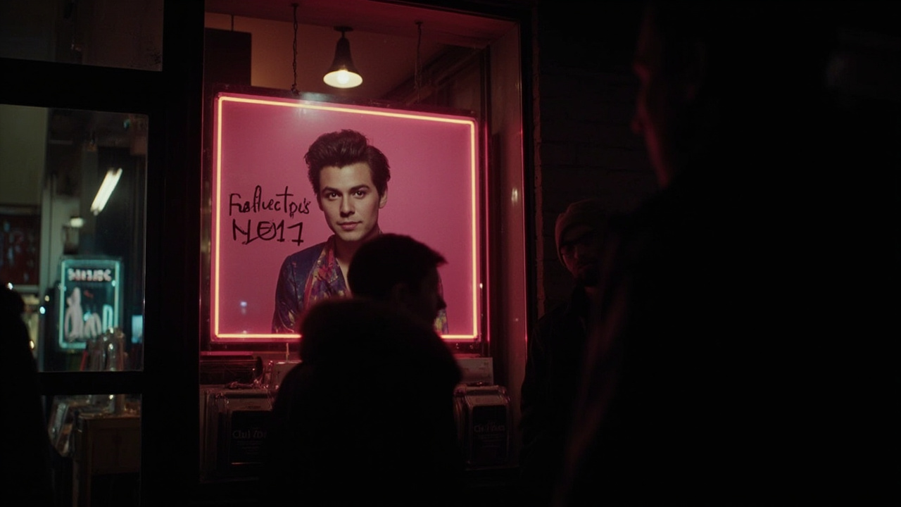 A neon-lit record shop window at night displaying Harry Styles album artwork with a hand-drawn number one chart position sign