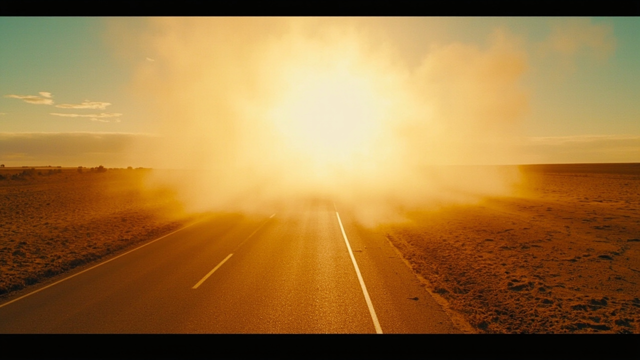 A shimmering heat mirage rises from cracked earth on an American highway with a distant skyline wavering in the distortion
