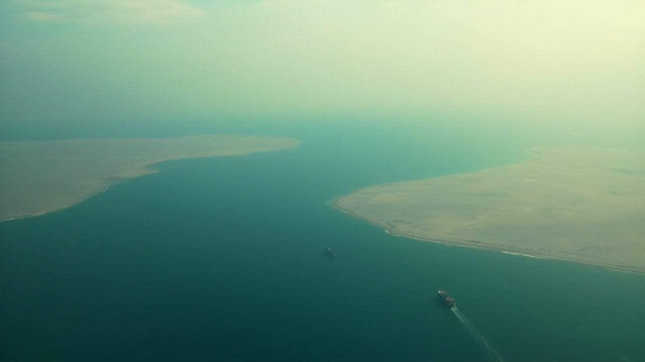 Satellite view of the narrow Strait of Hormuz with a single cargo ship transiting the channel between Iranian and Omani coastlines under hazy skies