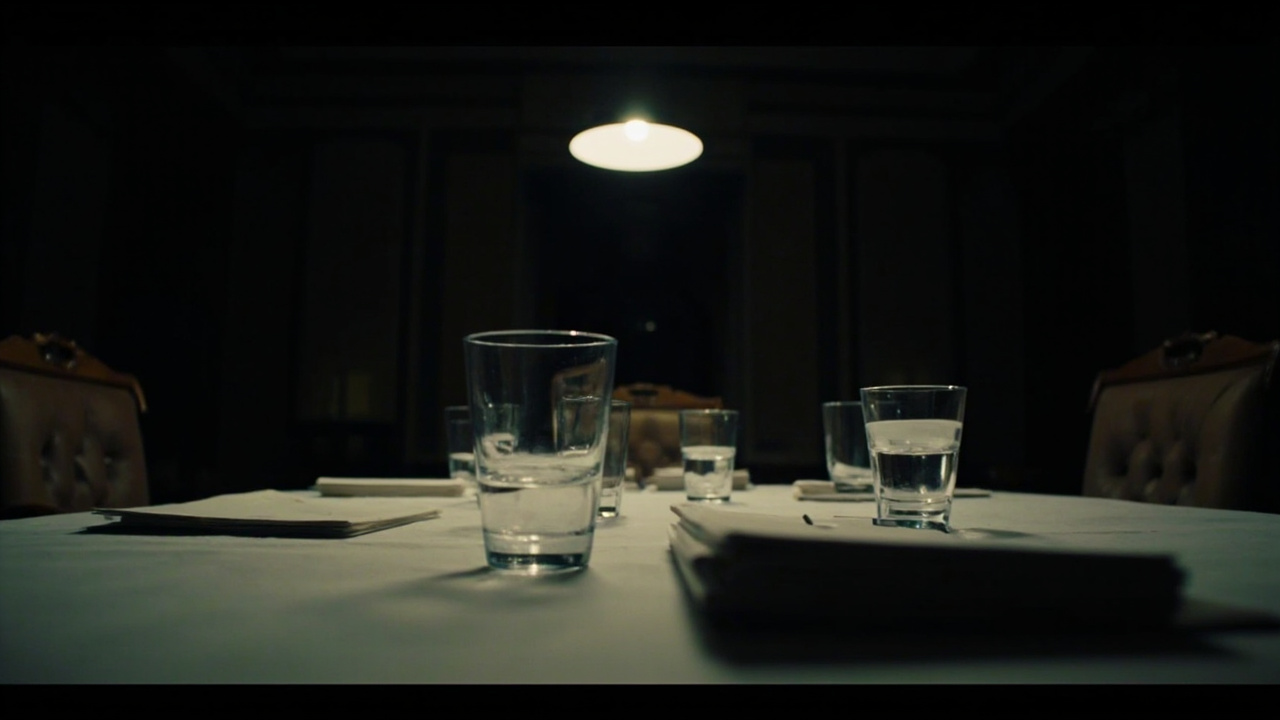 Close-up of a diplomatic table with folded papers and untouched water glasses in a dimly lit negotiation room