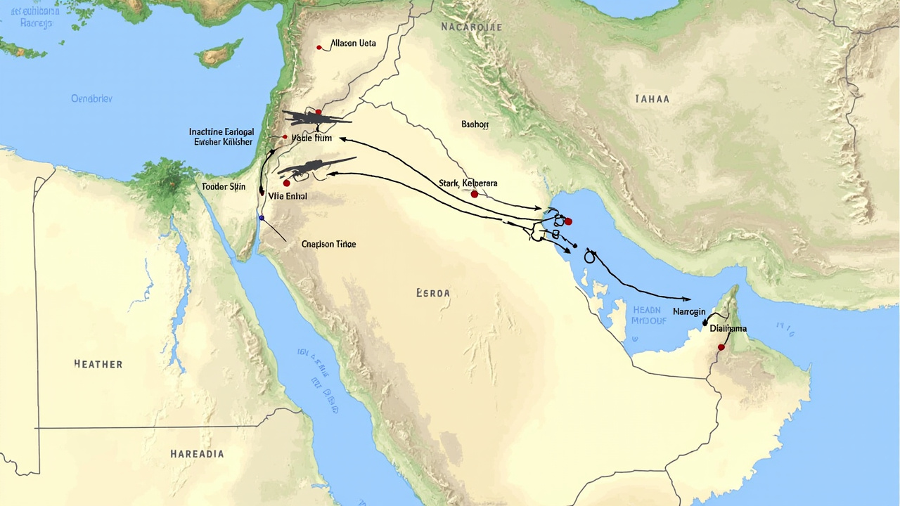 A map of the Persian Gulf region with military position markers and diplomatic arrows indicating troop movements and talk locations