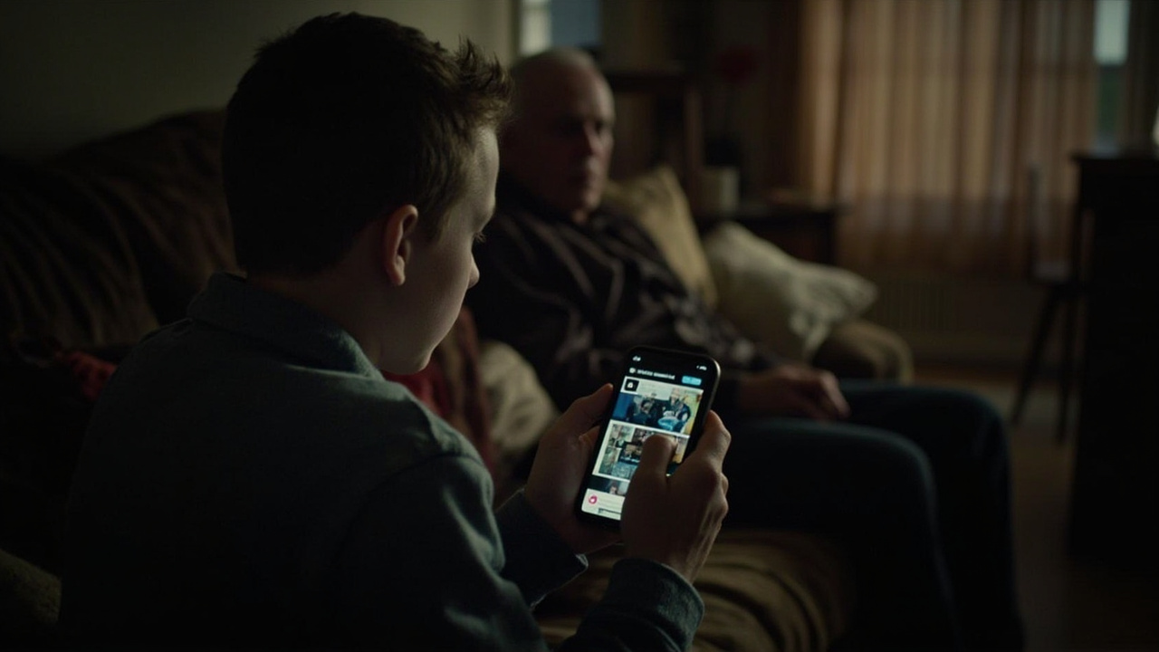 A teenager sitting on a couch looking at a phone screen showing news coverage while a parent sits nearby