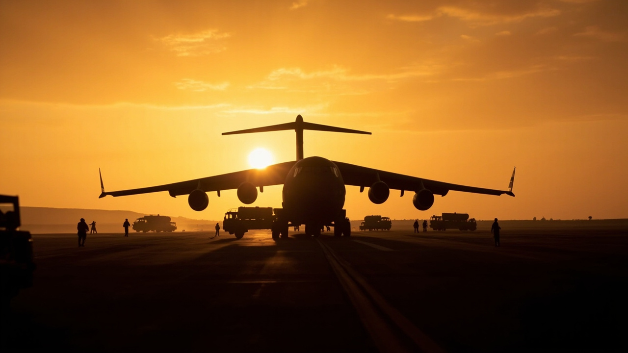 Military transport aircraft silhouetted against a Gulf sunset on a desert airfield runway with ground crew and fuel trucks in the foreground