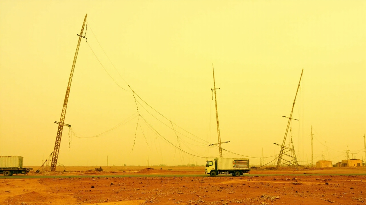 Damaged high-voltage electrical transmission towers leaning at angles against a hazy desert sky in Kuwait