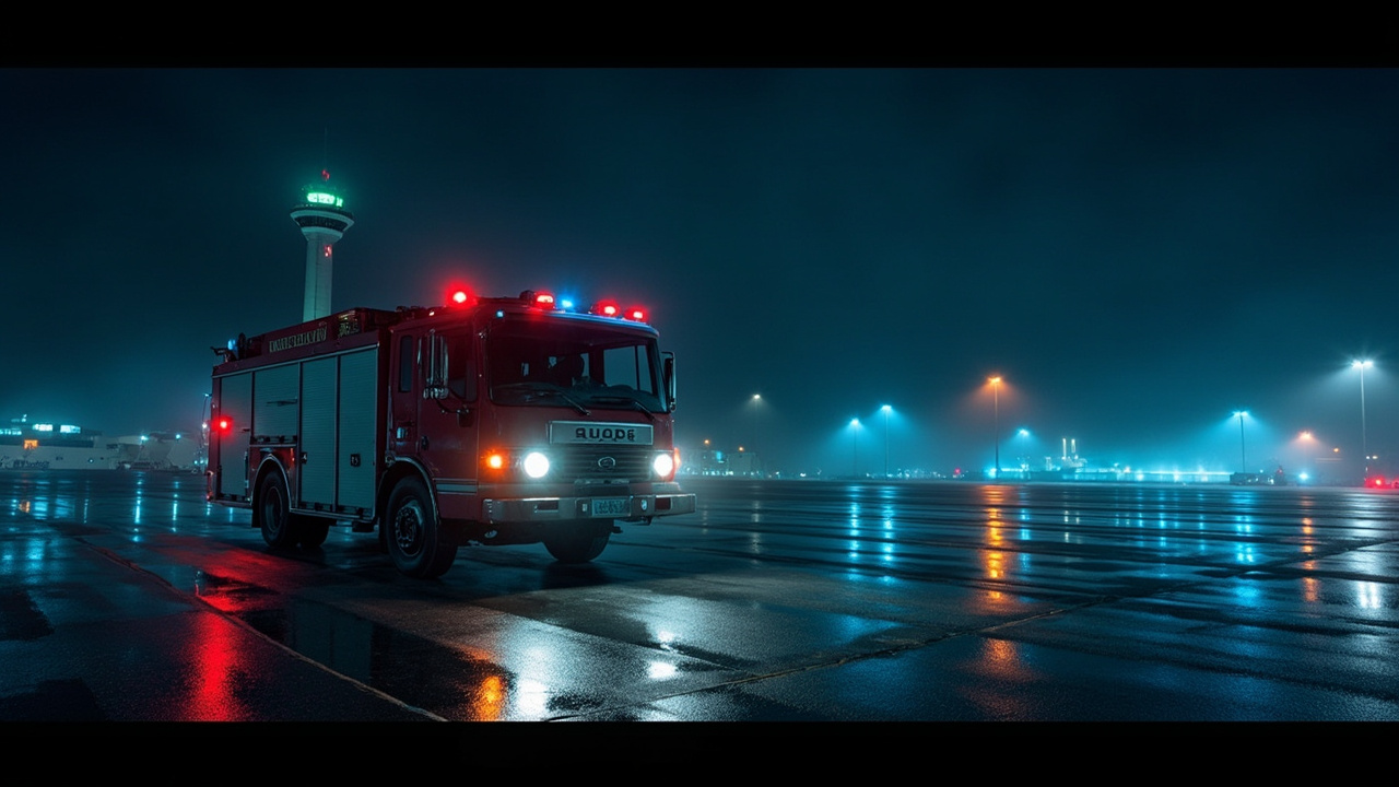 An airport fire truck parked on a tarmac at night with the control tower visible in the background, runway lights reflecting off wet pavement