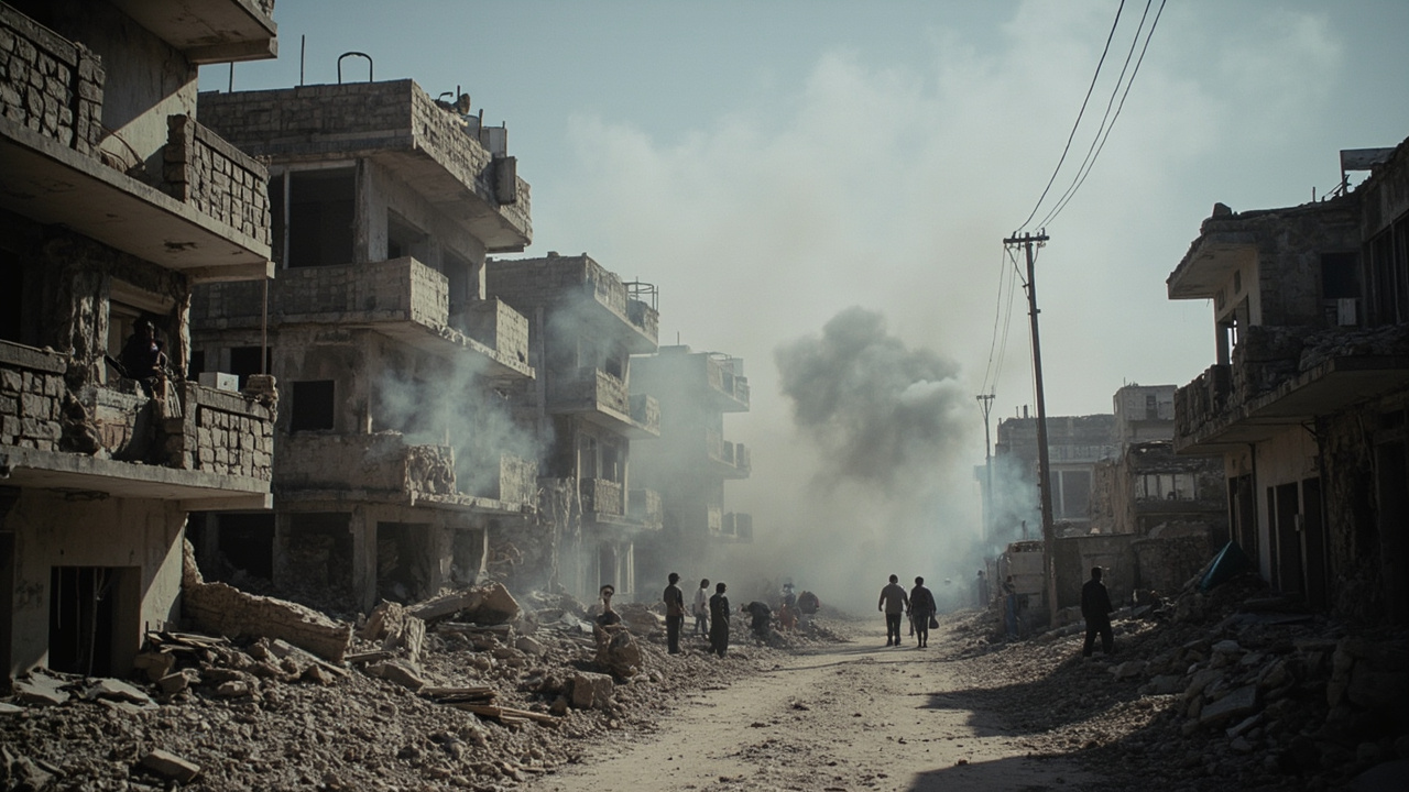 Smoke rising from damaged concrete buildings in a densely packed refugee camp in southern Lebanon