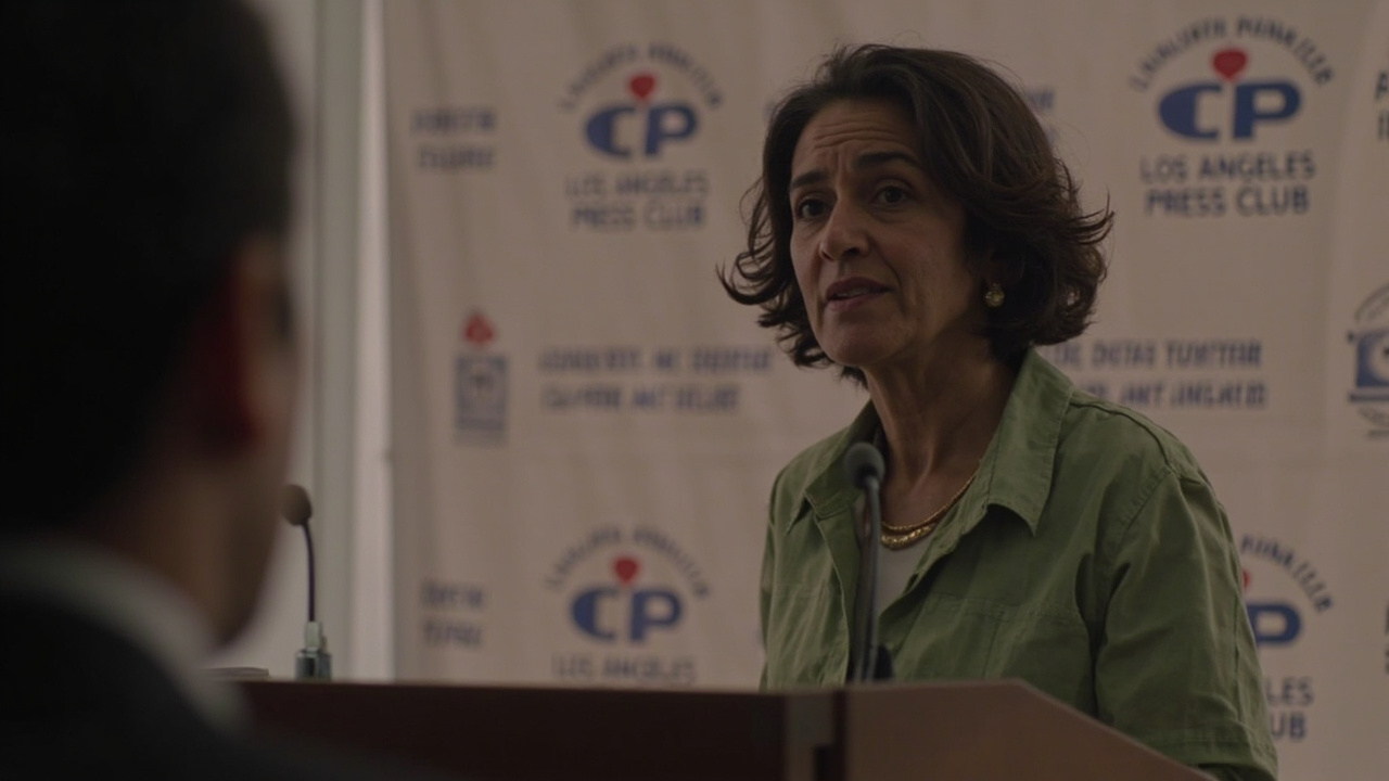Maria Ressa at a podium with the Los Angeles Press Club logo and Daniel Pearl Award banner behind her