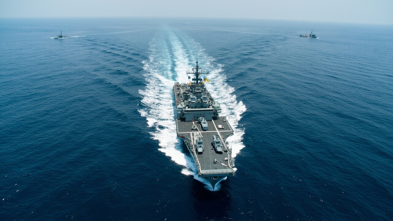 Satellite view of a large amphibious assault ship cutting through deep blue ocean waters toward the Persian Gulf