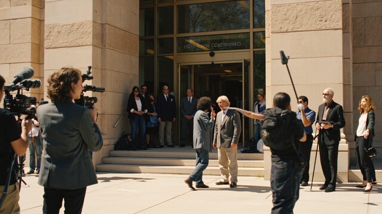 The exterior of a New Mexico state courthouse with television cameras and reporters gathered on the steps