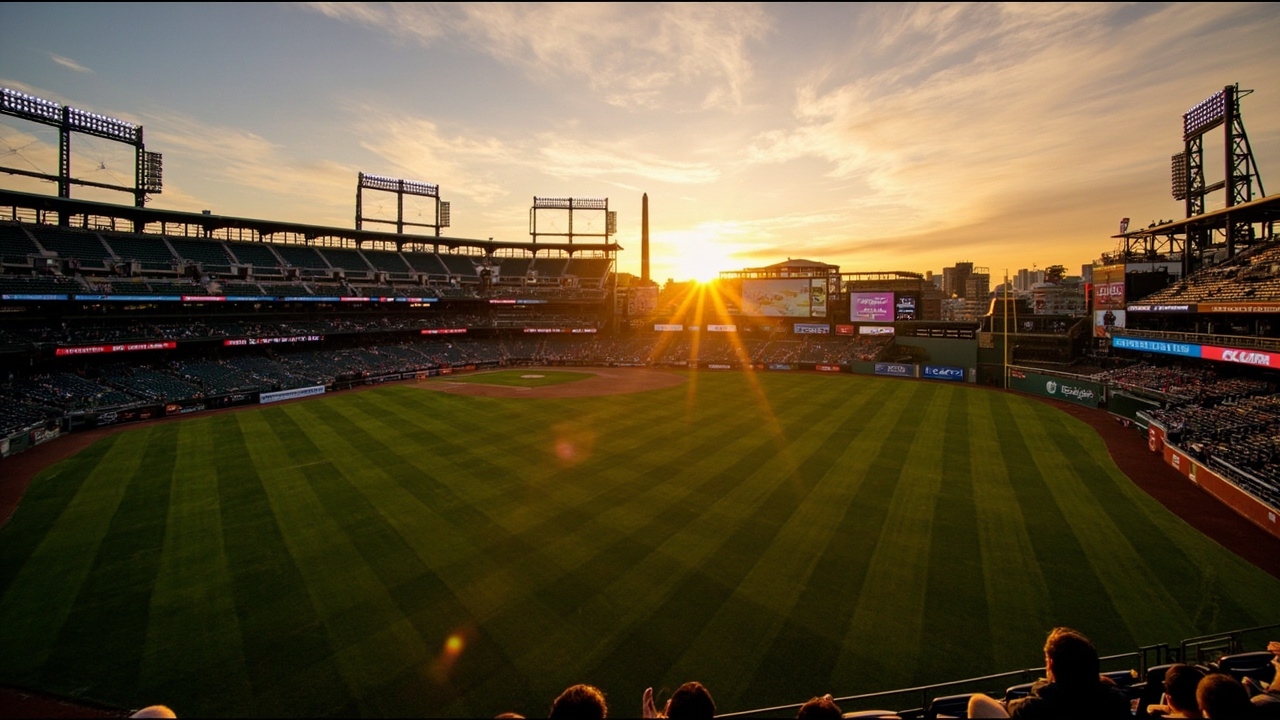 Oracle Park in San Francisco at sunset with the field perfectly manicured and empty seats awaiting the first pitch of the season under golden light