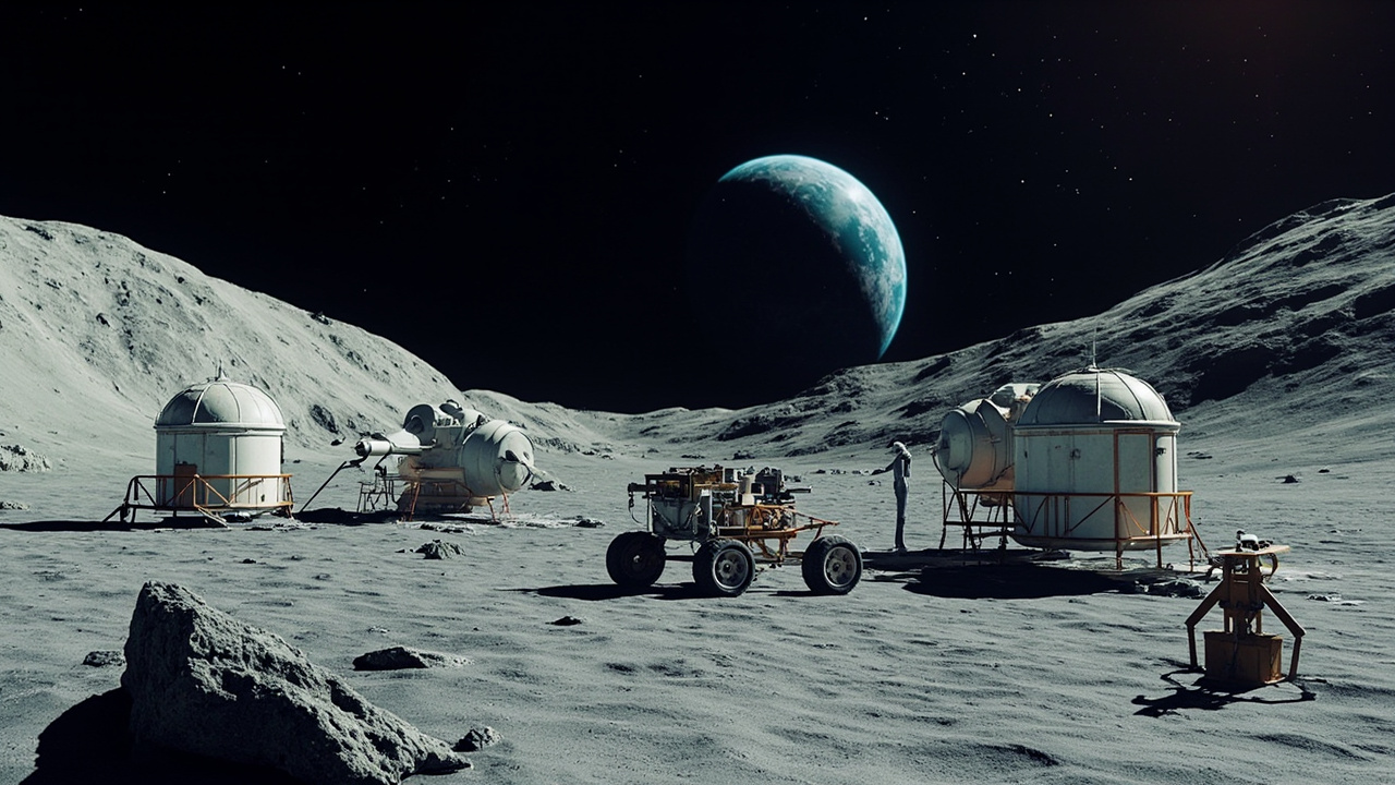 NASA artist concept showing a permanent lunar base at the Moon's south pole with habitat modules and a pressurized rover