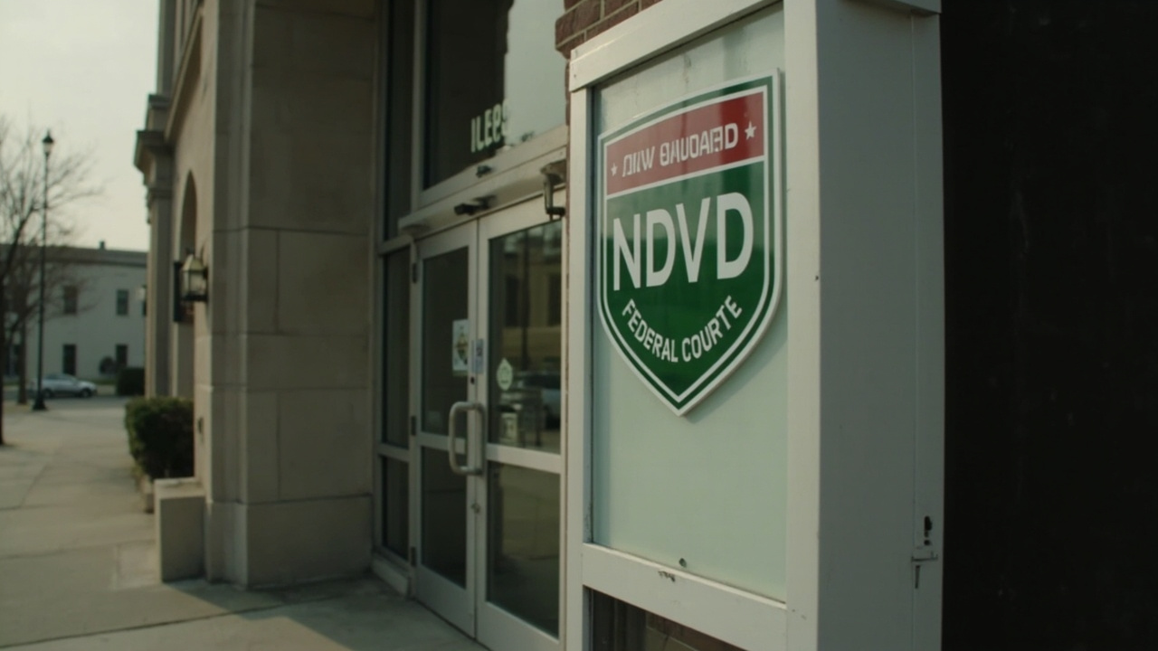 The NewsGuard green and red shield logo next to a federal courthouse entrance