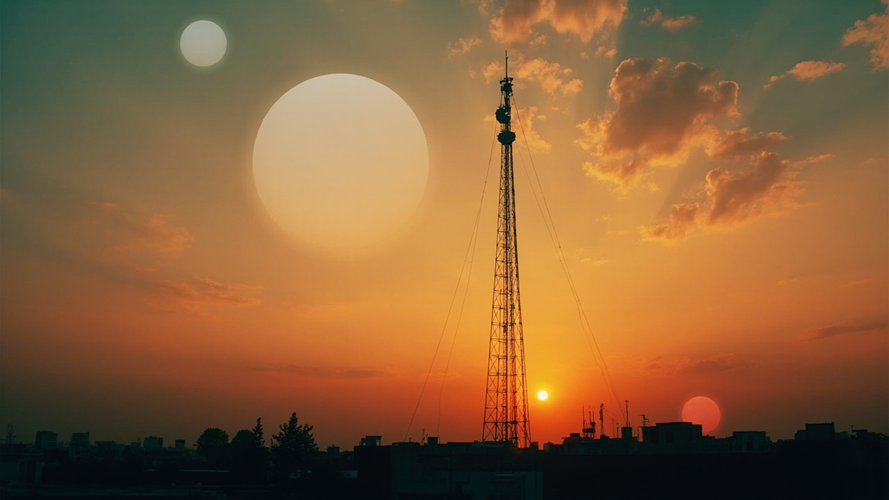 A television broadcast tower silhouetted against sunset with legal scale icons overlaid