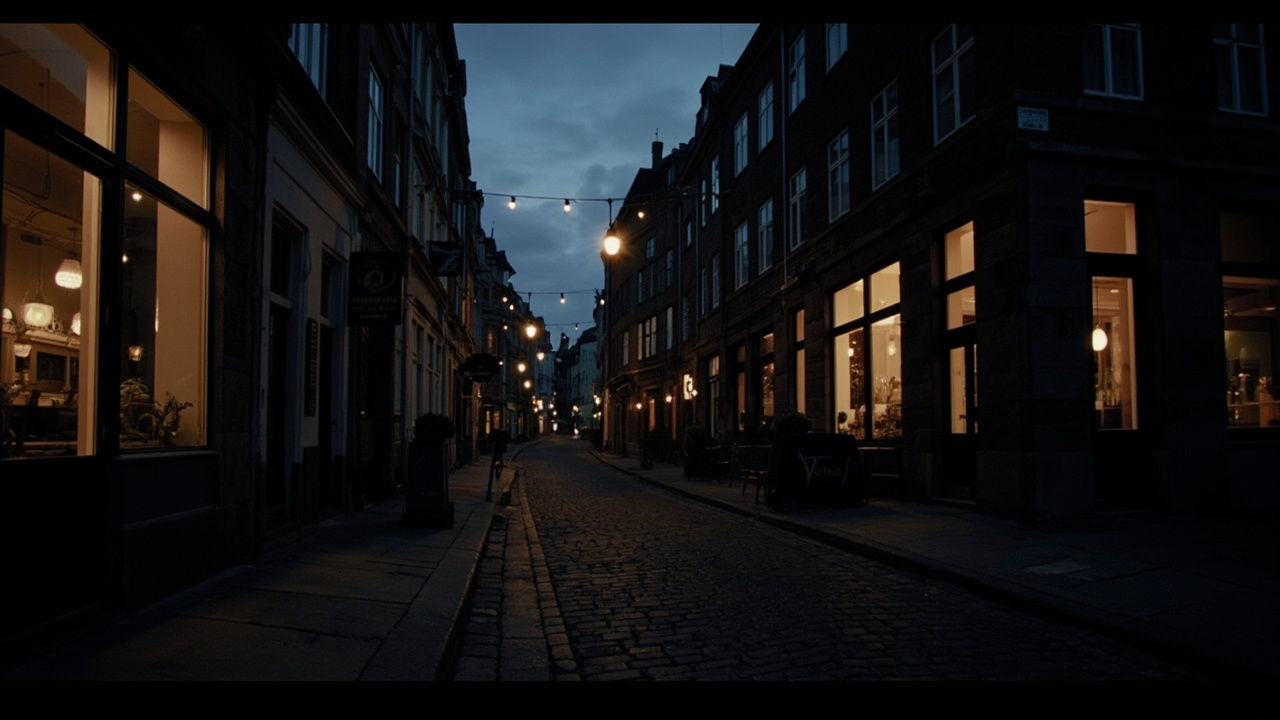 An empty cobblestone street in Copenhagen at dusk with the warm glow of restaurant windows in the distance and no pedestrians visible