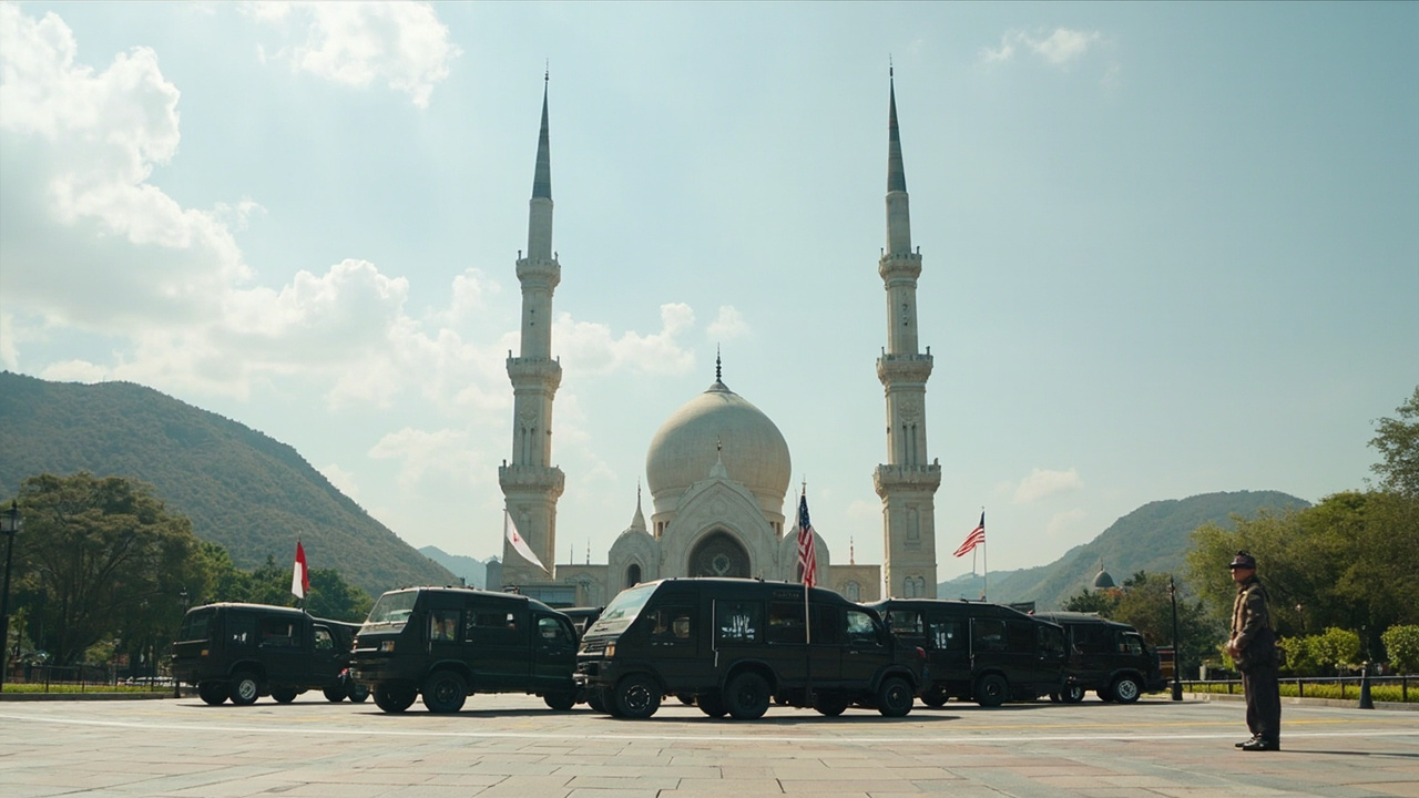 Wide shot of Islamabad's Faisal Mosque with Pakistani and American flags on diplomatic vehicles in the foreground