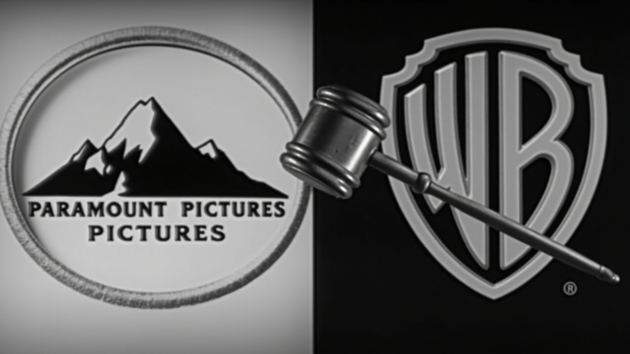 The Paramount Pictures mountain logo and Warner Bros. shield logo side by side with a gavel between them