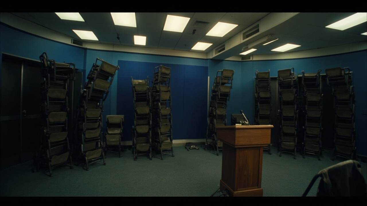 An empty Pentagon press briefing room with chairs stacked against the wall and a lone microphone at the podium