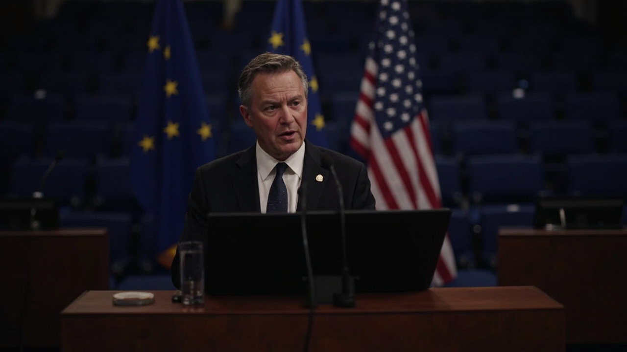 NATO Secretary General Mark Rutte at a podium with European and American flags behind him, the chamber half-empty