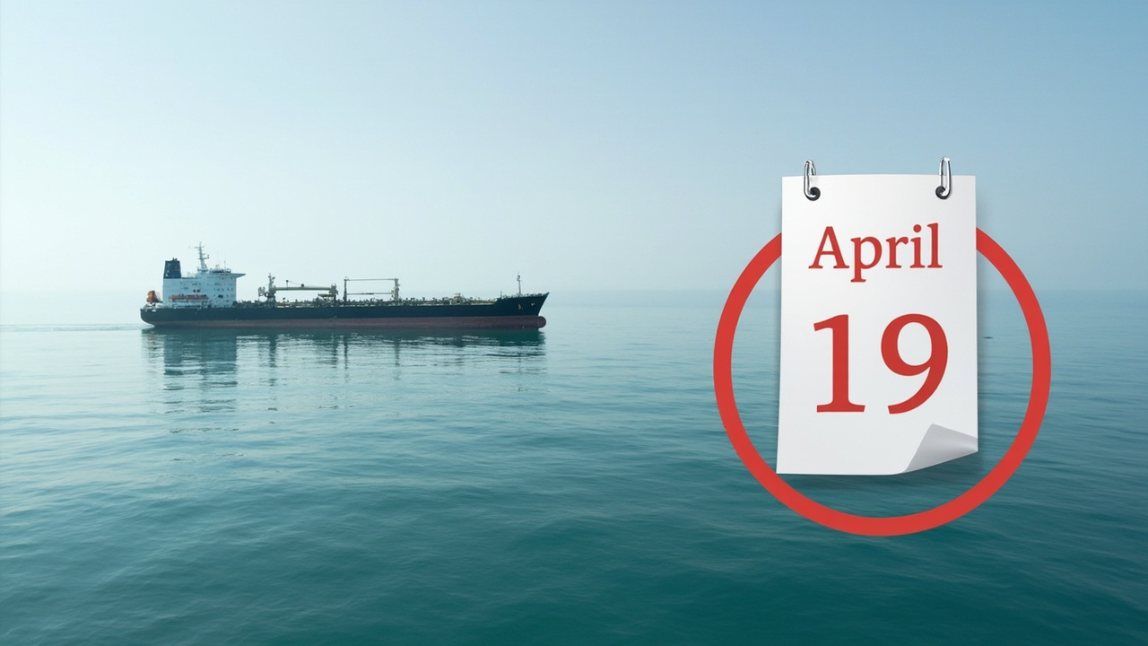 An oil tanker at anchor in calm waters with a calendar overlay showing April 19 circled in red