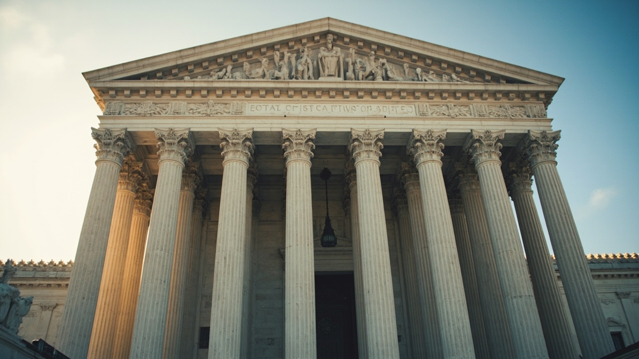 The marble facade of the U.S. Supreme Court building with its columned entrance and the inscription Equal Justice Under Law visible in morning light