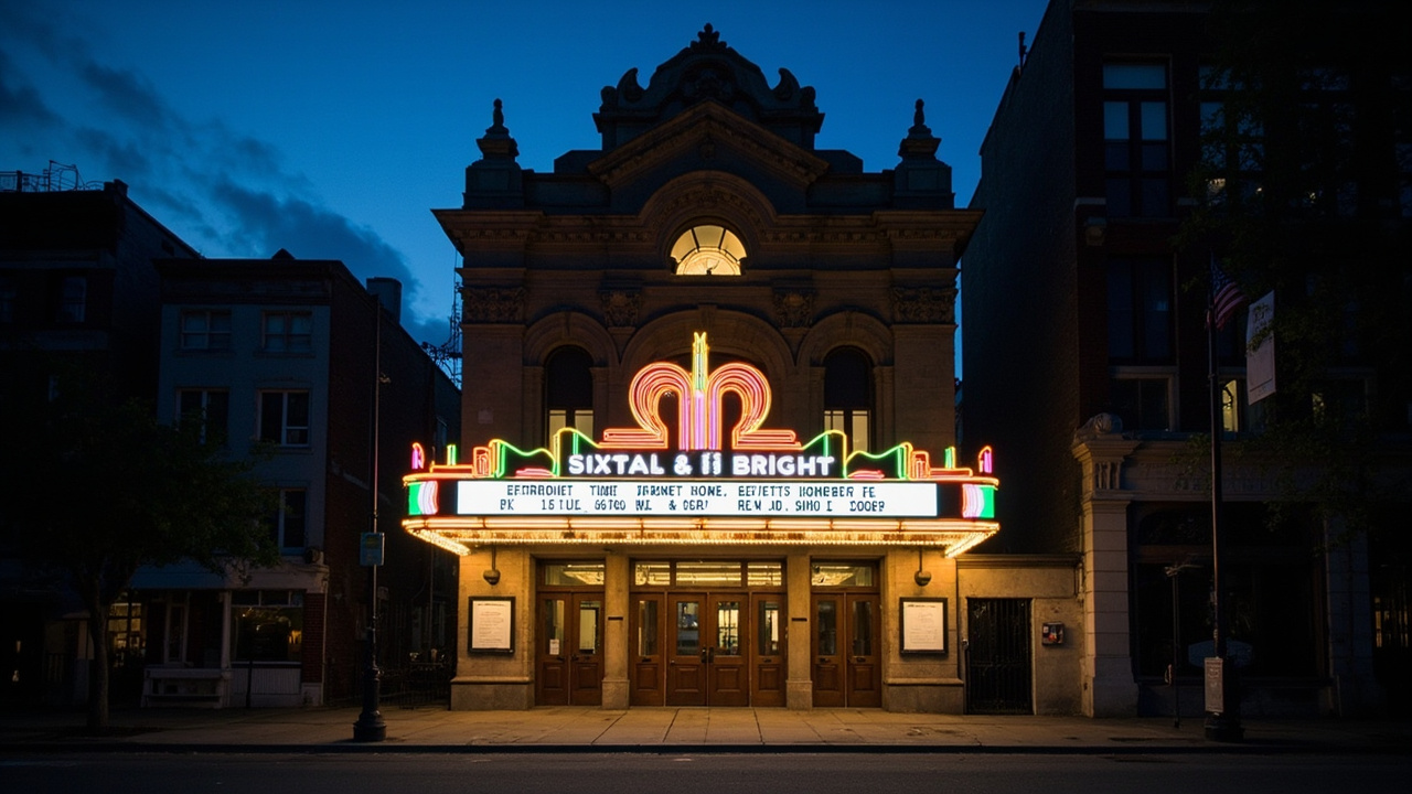 The historic Sixth and I synagogue building in Washington D.C. with its event marquee lit up at dusk