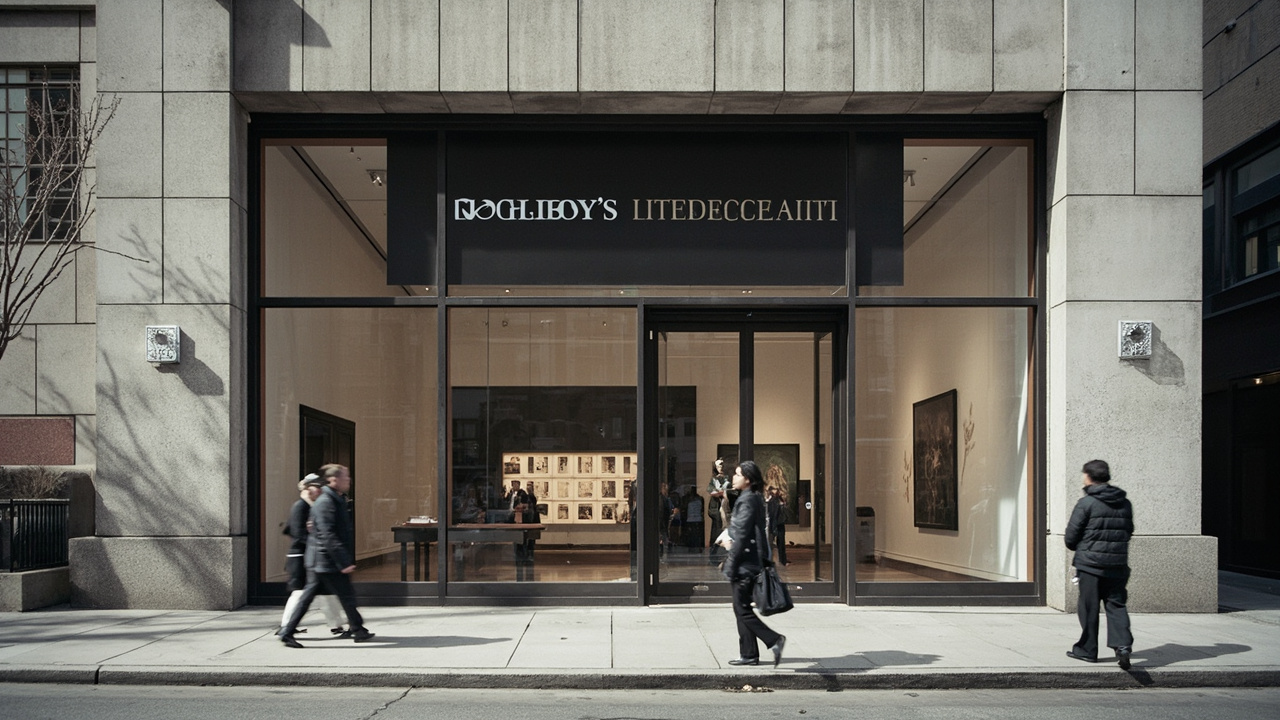 The brutalist facade of the Breuer building with a Sotheby's banner advertising Chinese Art auction