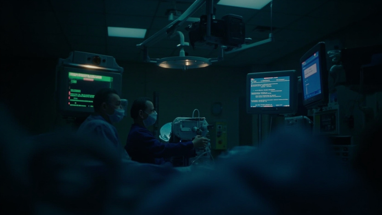 A hospital operating room with darkened monitors and medical devices displaying error screens