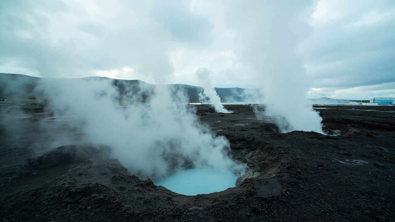 Steam and gas venting from cracked volcanic terrain on Iceland's Reykjanes Peninsula with the Blue Lagoon geothermal facility visible in the distance under grey skies