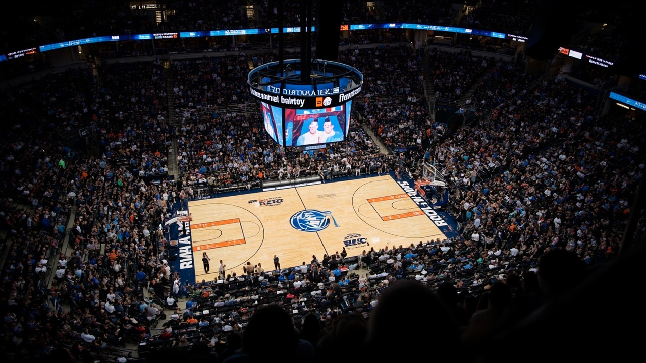 An overhead view of a packed arena during an NCAA tournament game, the court lit in tournament blue and orange