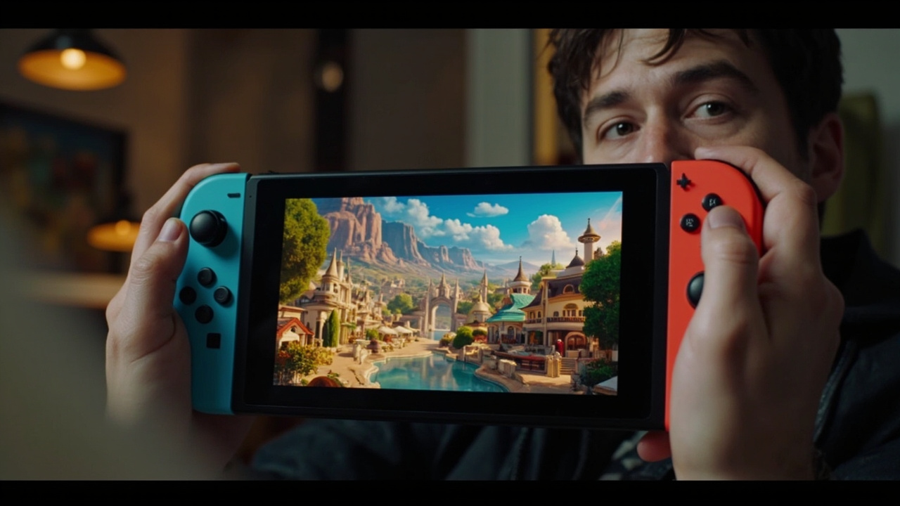 A Nintendo Switch 2 console displaying Disney Dreamlight Valley's colorful village on its screen