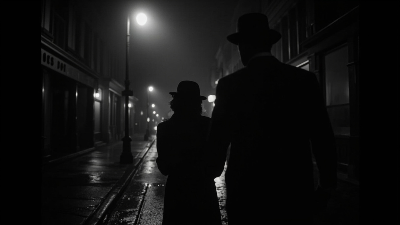 A black-and-white film still showing two shadowy figures in fedoras under a streetlamp on a rain-slicked 1930s city street