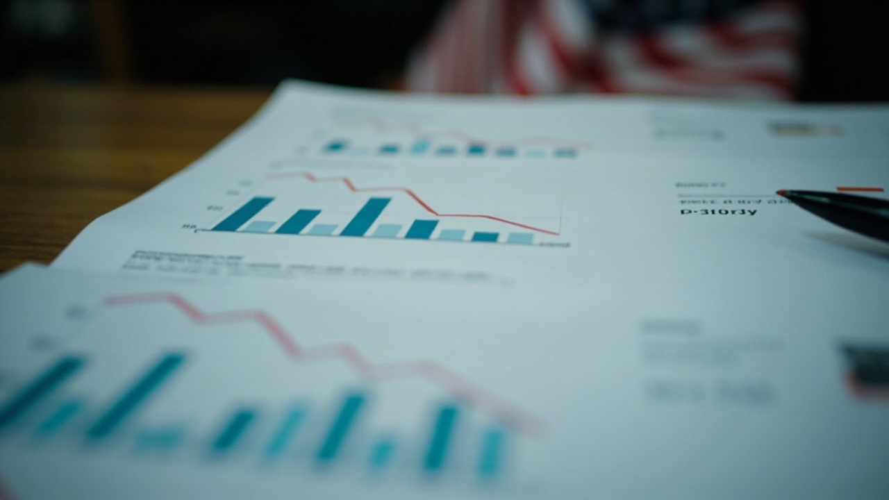 Three open reports spread on a desk, each showing bar charts with a downward trend line, an American flag visible in soft focus behind them