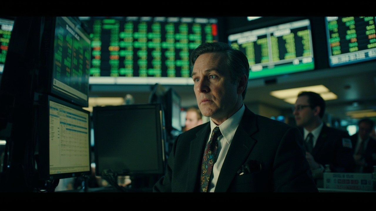 Wall Street trading floor with green stock tickers on multiple screens and traders watching monitors intently in early morning light