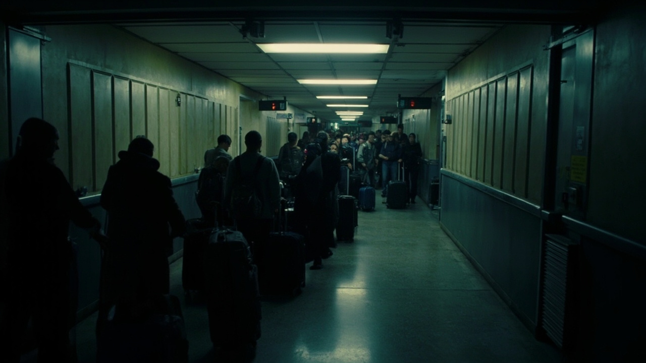A winding TSA security line stretches through a dimly lit airport terminal, with travelers standing with luggage in a queue that disappears around a corner