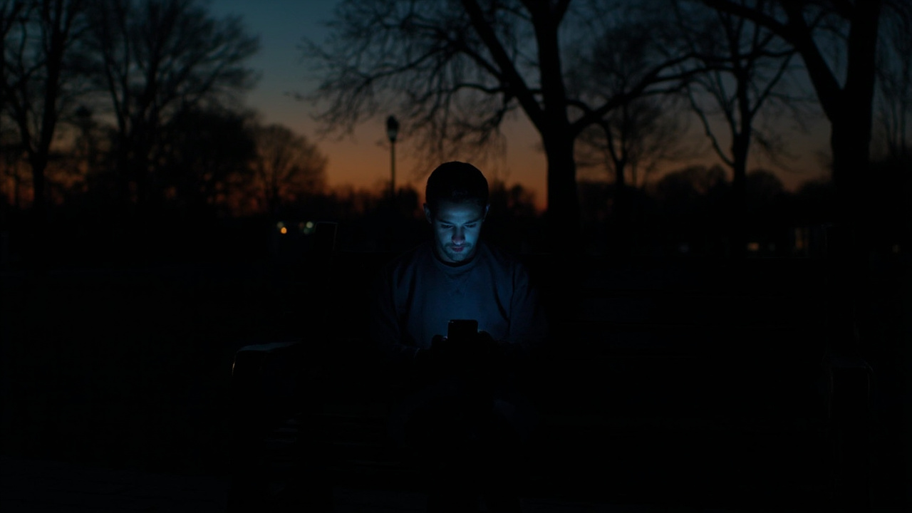 A person sitting alone on a park bench at twilight staring at the blue glow of a smartphone screen with trees silhouetted against an orange sky