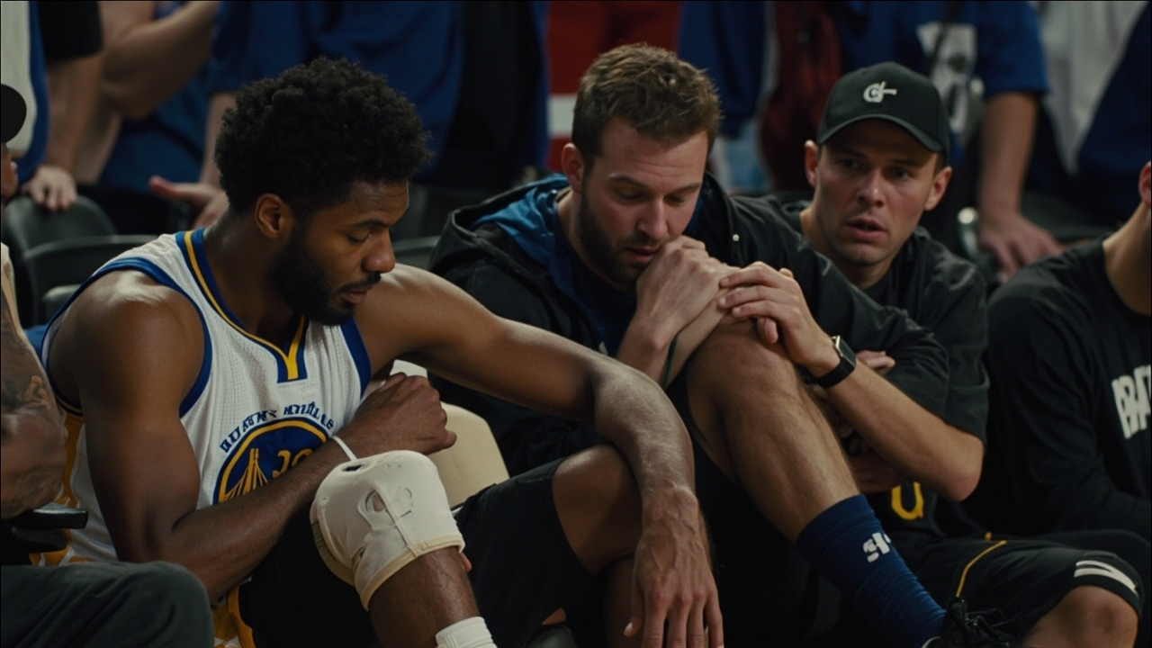 Moses Moody in a Warriors jersey being consoled by teammates on the bench with a knee brace visible