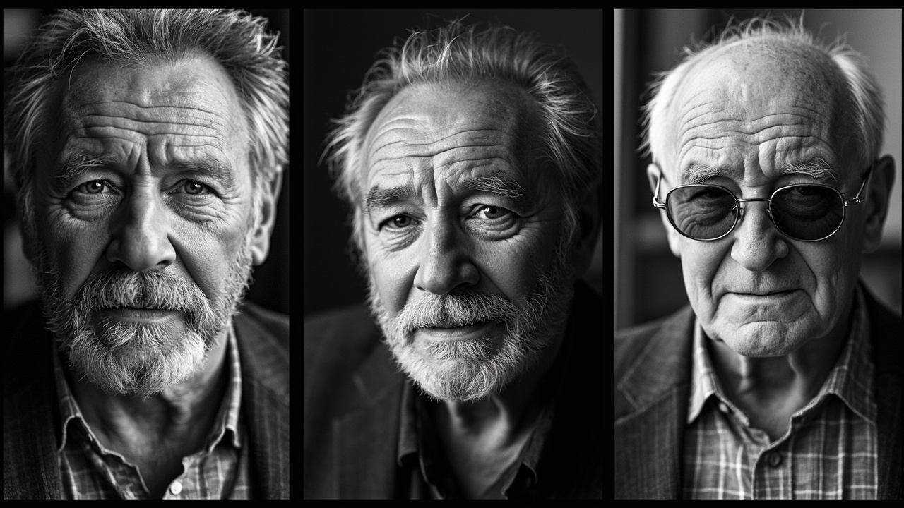 A triptych of black-and-white portraits showing Chuck Norris, Lionel Jospin, and Gino Paoli in their later years