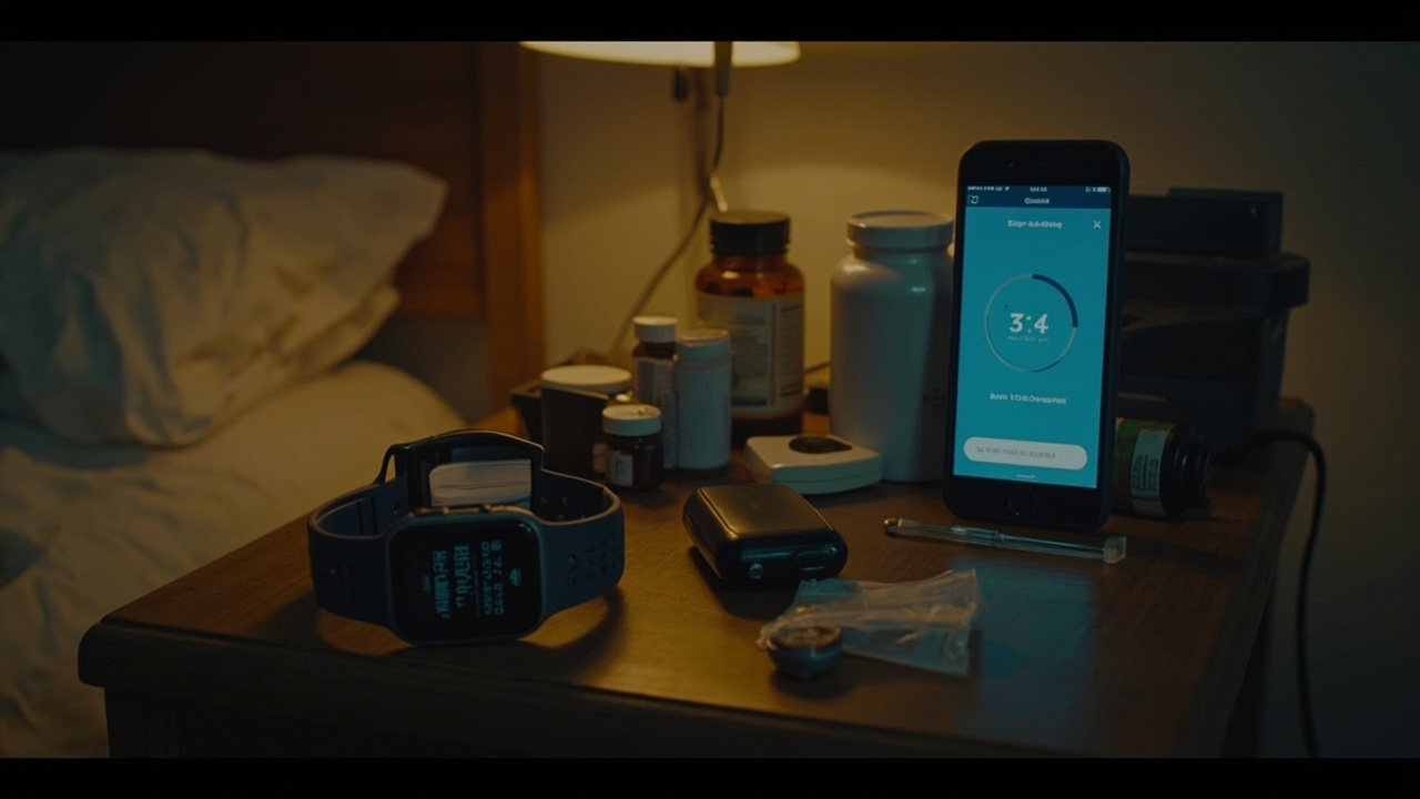 A bedside table cluttered with a smartwatch, glucose monitor, supplement bottles, and a sleep tracking app on a phone