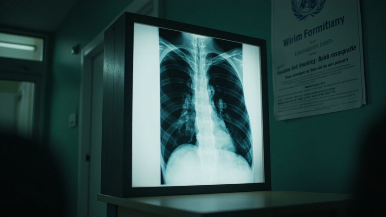 A chest X-ray displayed on a lightbox in a clinic with the WHO logo visible on a wall poster
