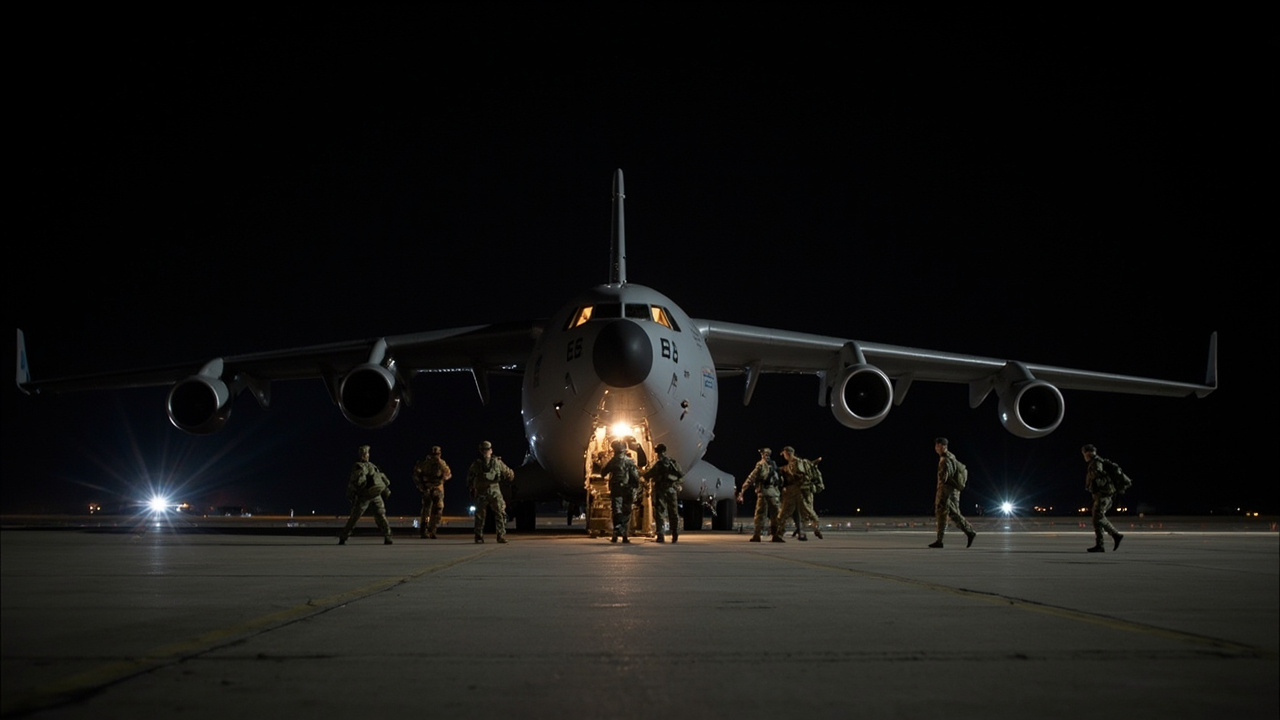 US military transport aircraft on tarmac at Fort Liberty, soldiers in full gear boarding under floodlights at night