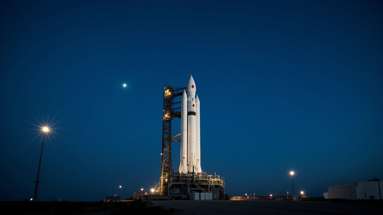 A massive white rocket standing on a launch pad at dusk, floodlights illuminating the tower, a thin crescent moon visible above
