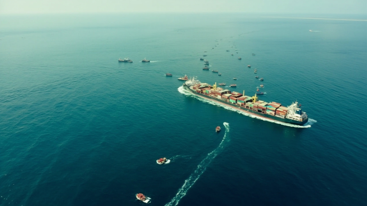 Aerial view of the narrow Bab al-Mandab Strait between Yemen and Djibouti with cargo ships queuing at the entrance