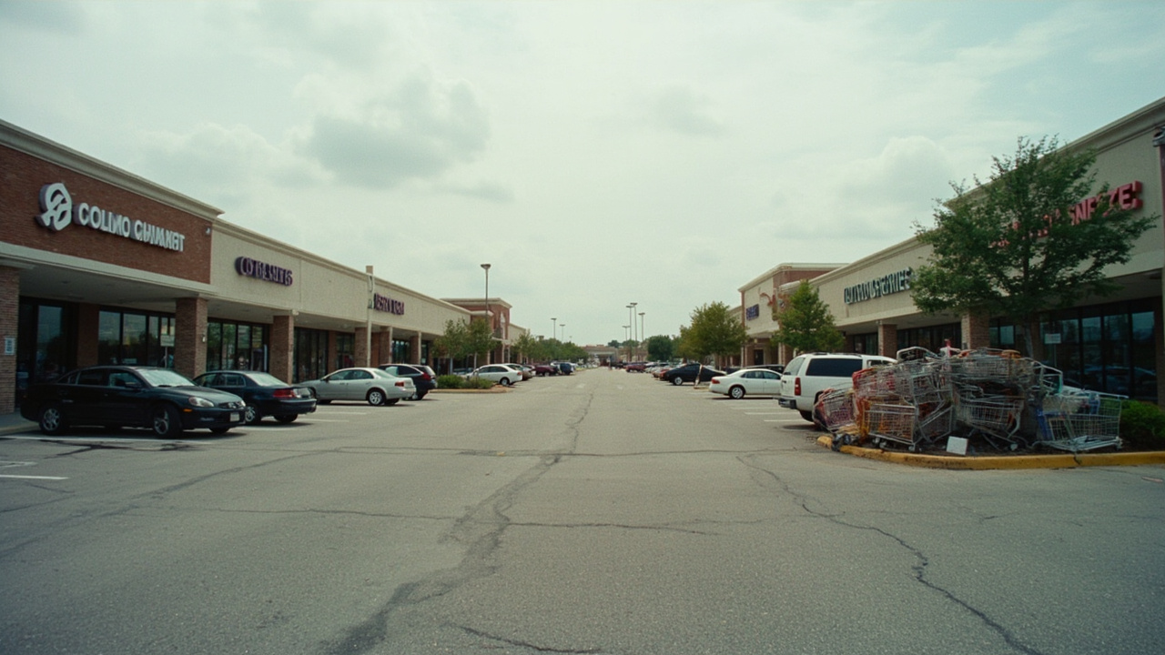 A suburban shopping mall parking lot half empty on a weekday afternoon, store signs visible but few shoppers, a cart corral overflowing