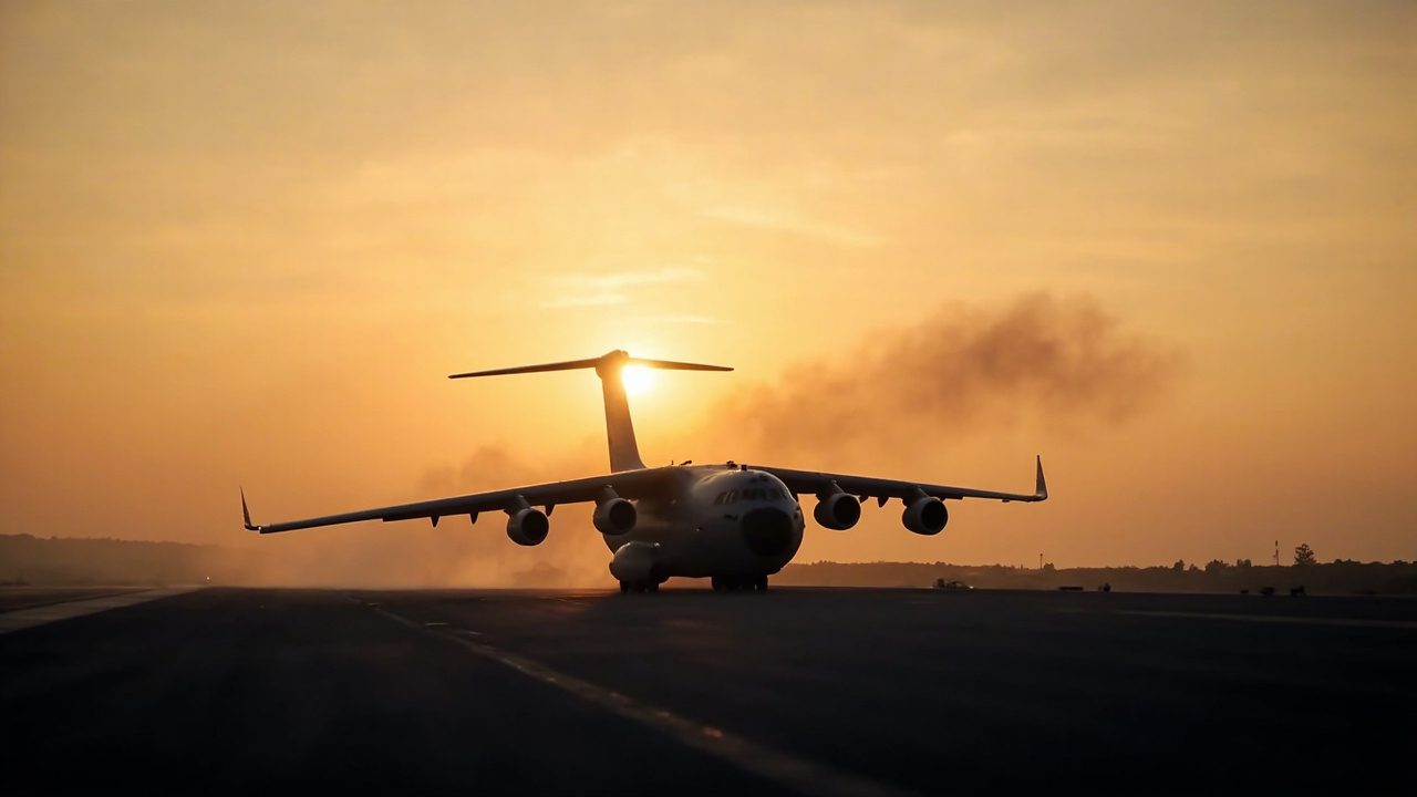 A military transport plane on a tarmac at dawn with heat haze rising from the runway