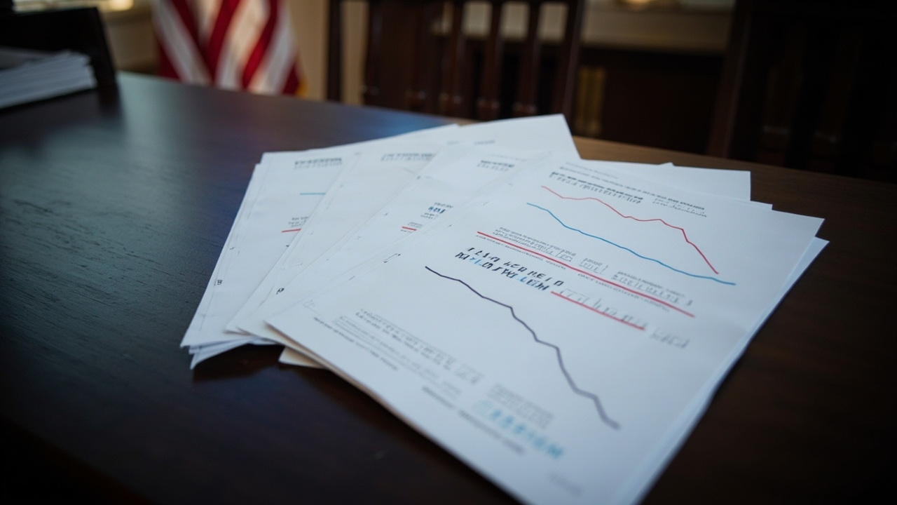 Three academic report covers arranged on a dark wooden desk, each showing declining trend lines, an American flag partially visible in the background